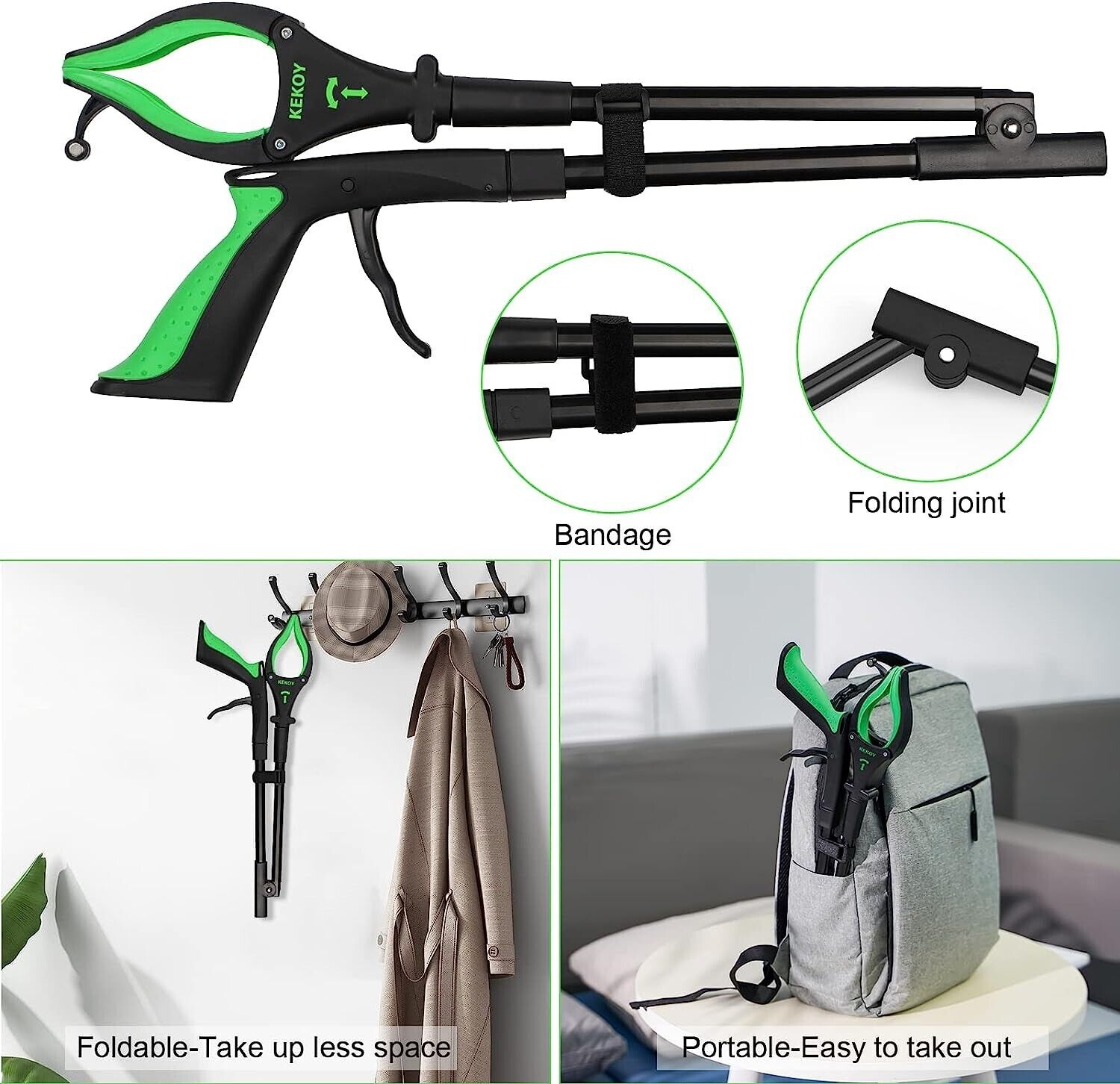 Faltbare Greifzange 80cm mit LED Licht Müllzange Greifer drehbar Magnet -Lila