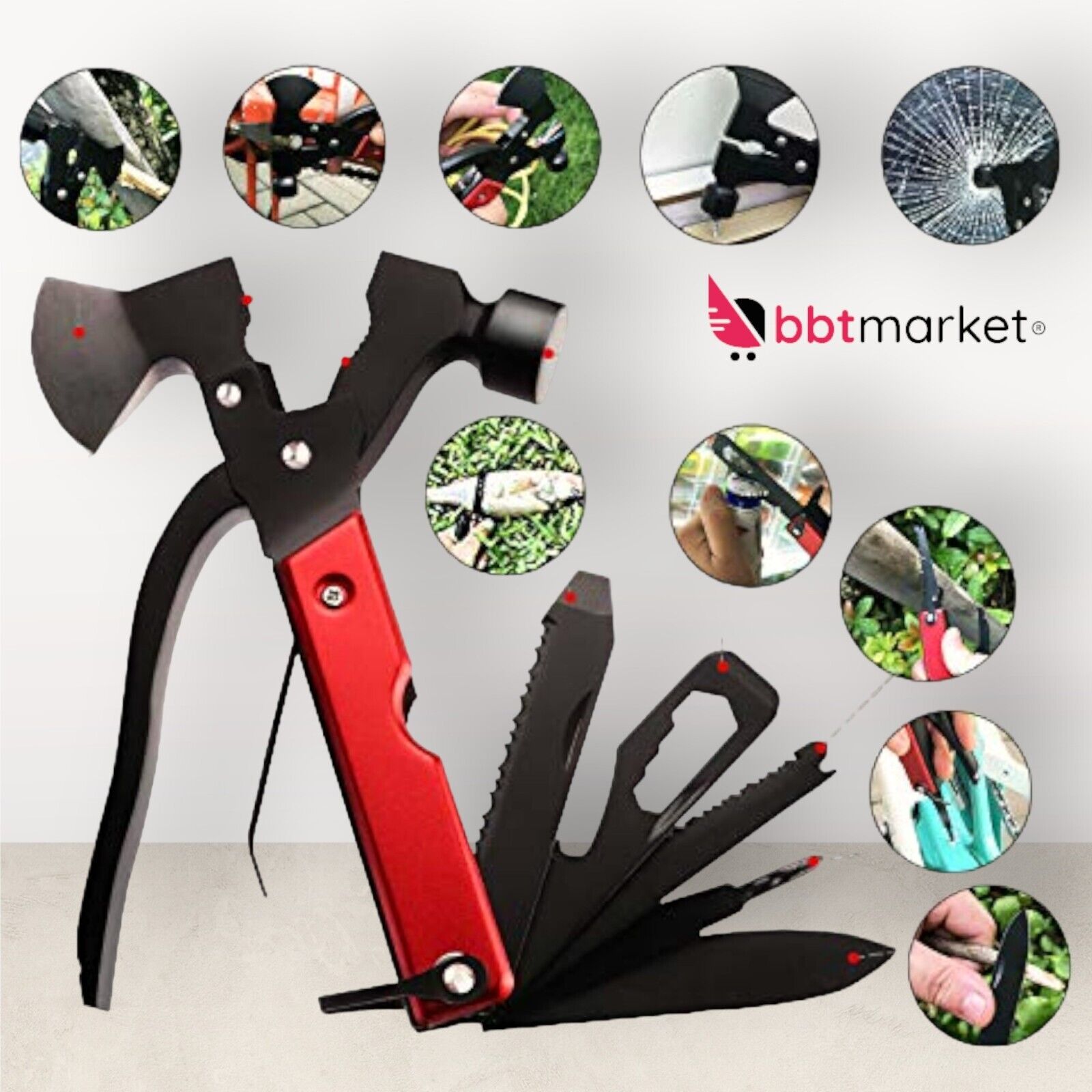 17in1 Multitool aus Edelstahl – Survival Werkzeug mit Hammer, Axt, Zange und Säge inklusive Tasche