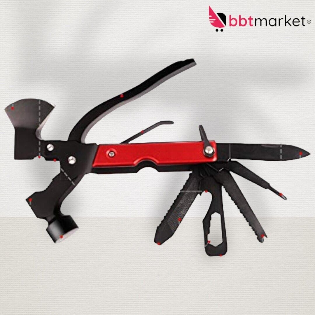 17in1 Multitool aus Edelstahl – Survival Werkzeug mit Hammer, Axt, Zange und Säge inklusive Tasche