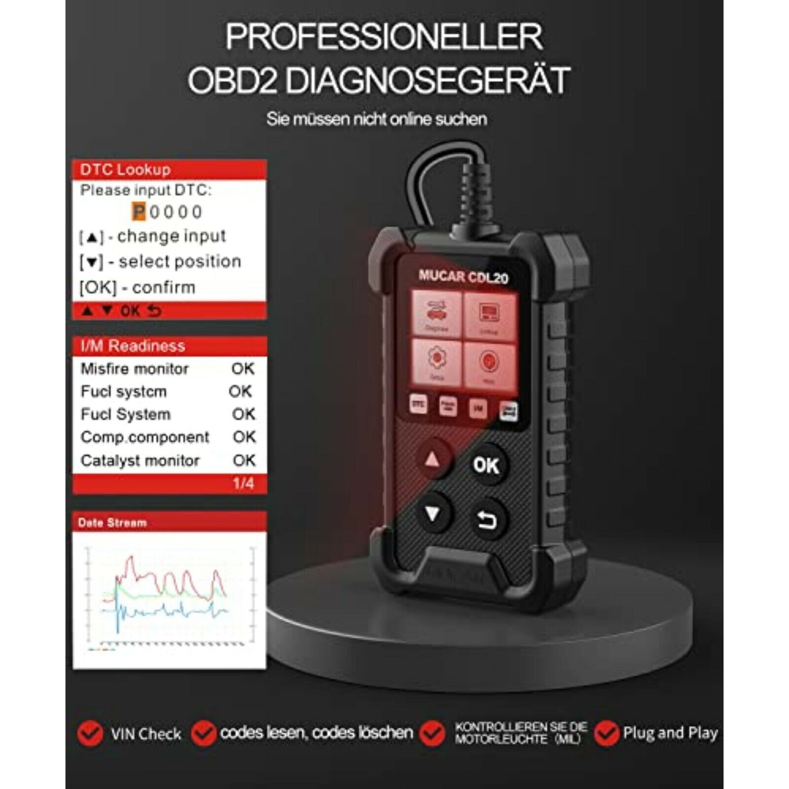 mucar OBD2 Diagnosegerät, CDL20 OBD2/EOBD diagnosegerät Auto, Universal KFZ-
