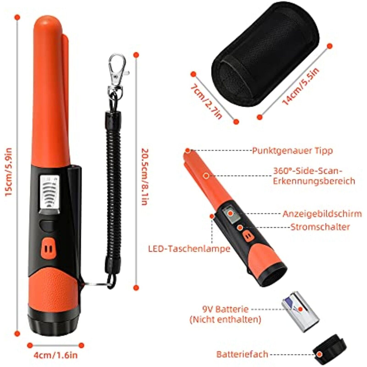 Handlicher Pinpointer Metalldetektor – 360° Sondierung, Wasserdicht, Orange, Für Schatzsucher