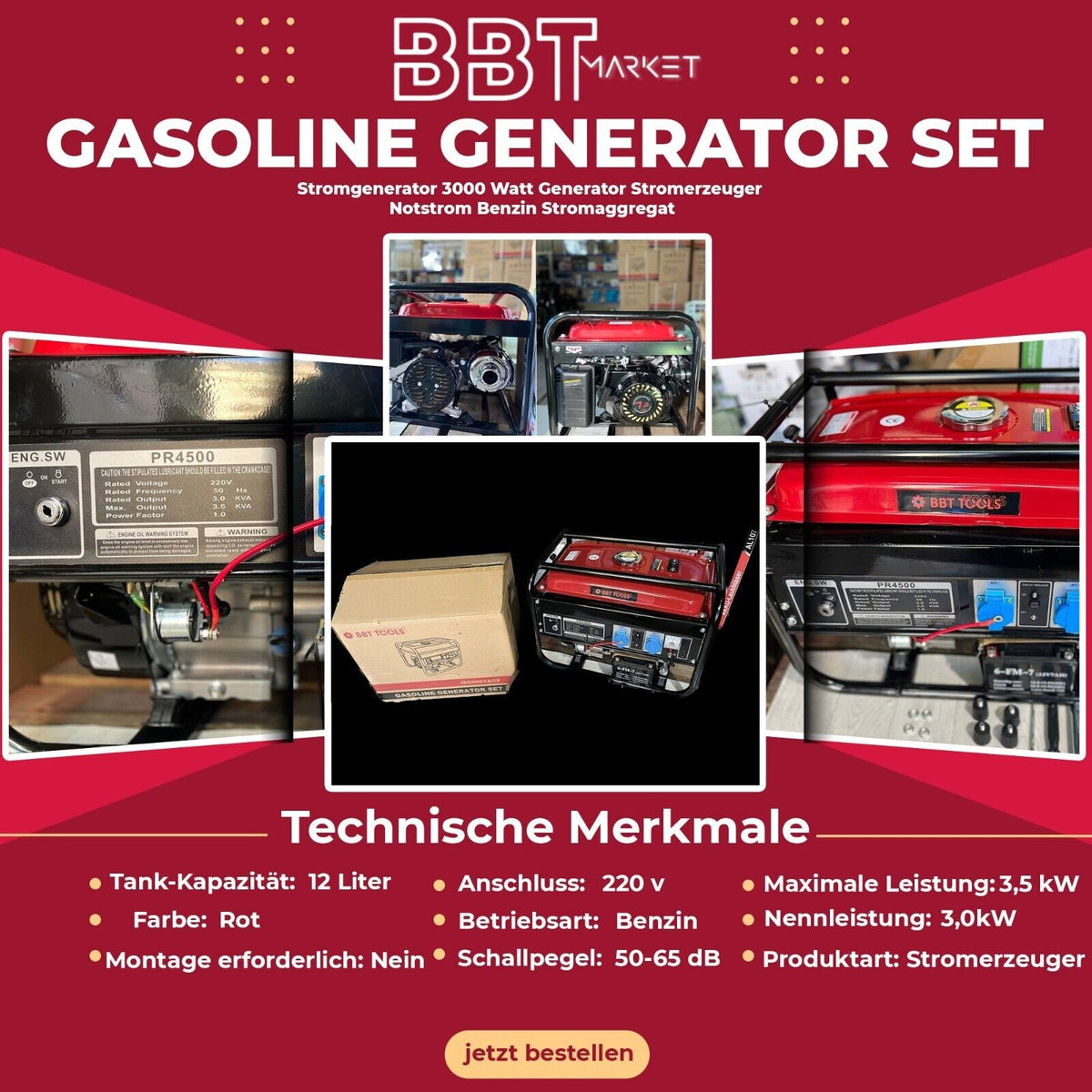 NOTSTROMAGGREGAT 230V/400V 3 Phasen Benzin-Generator 7500W mit E-Start NOTSTROMAGGREGAT 230V/400V 3 Phasen Benzin-Generator 7500W mit E-Start