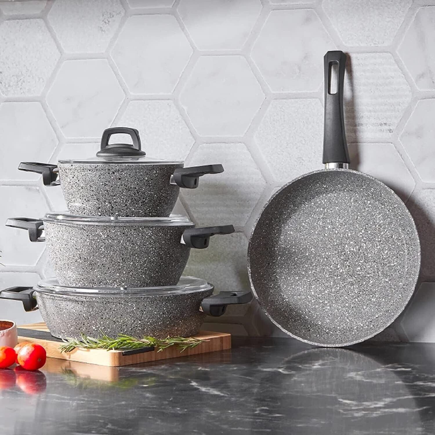 KARACA Gris Bio Granit 7-teiliges, Topfset/Pfannensets, Antihaftbeschichtung NEU