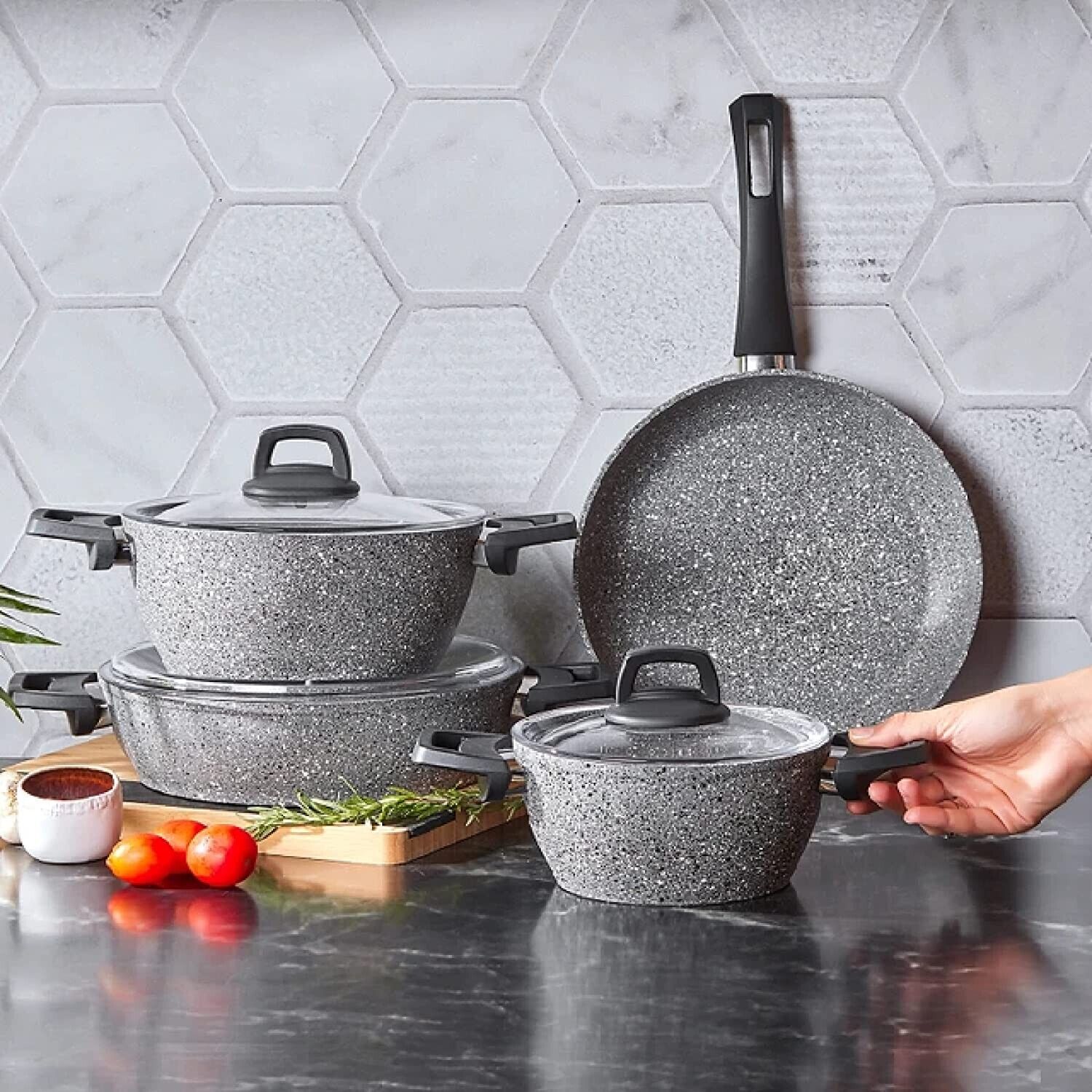 KARACA Gris Bio Granit 7-teiliges, Topfset/Pfannensets, Antihaftbeschichtung NEU