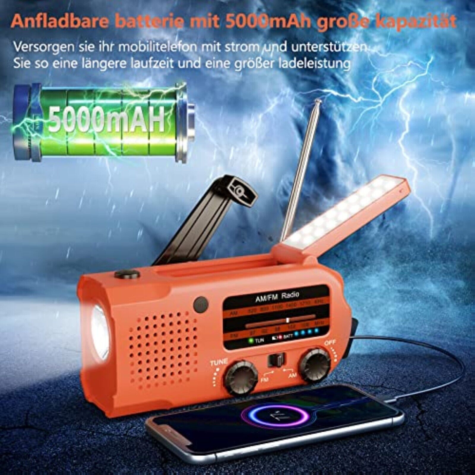 5000mAh Solar Handkurbel Handy Ladegerät Notfall Radio AM/FM LED Taschenlampe