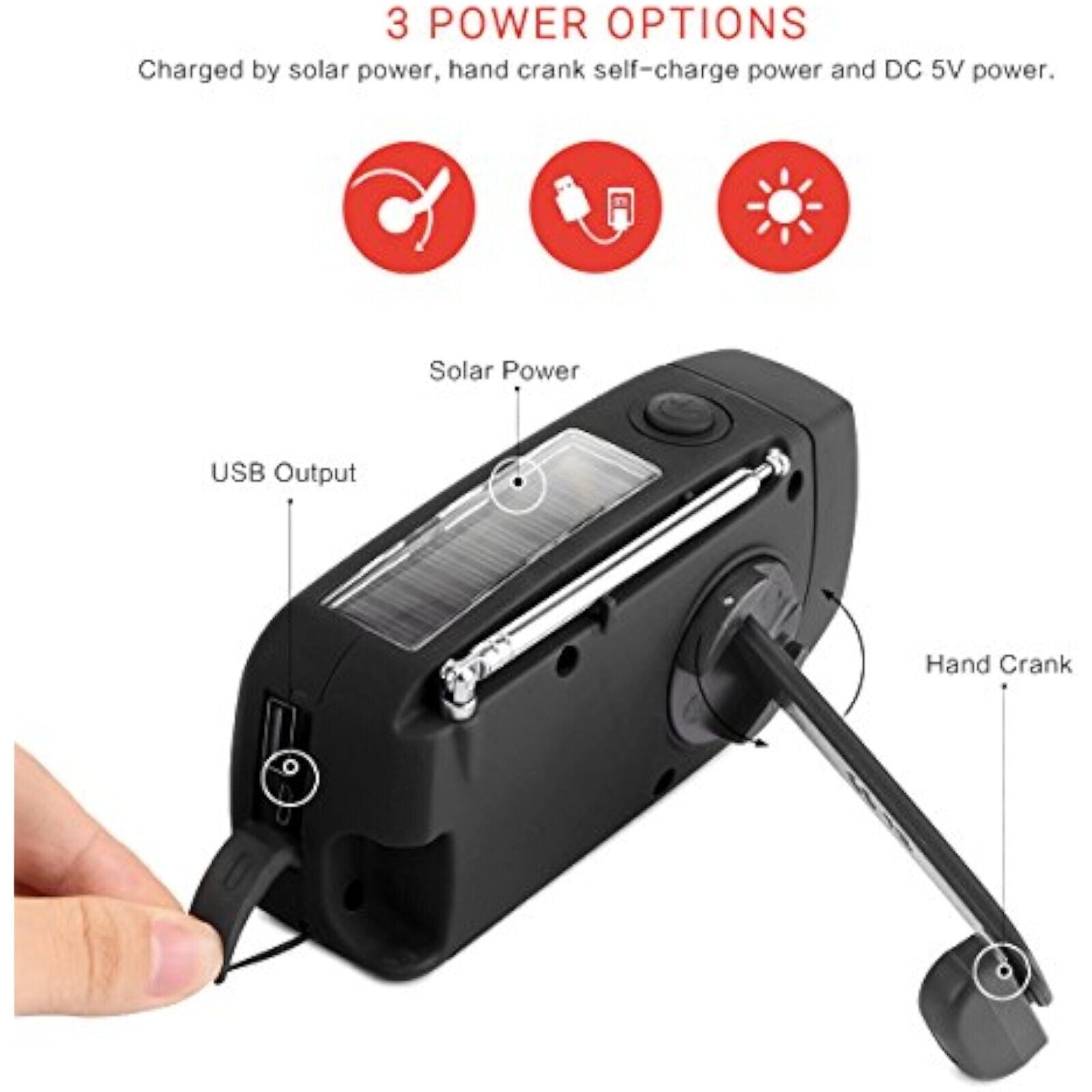 Solar Radio Hand Crank AM/FM Radio LED Flashlight USB Emergency Phone Charger 