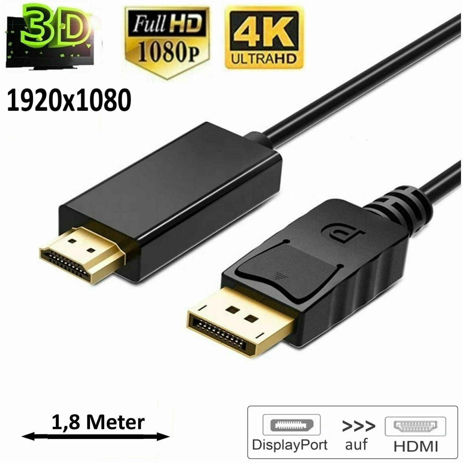 DisplayPort auf HDMI Kabel 1,8 M,Einwegübertragung DisplayPort DP-auf-HDMI-Kabel
