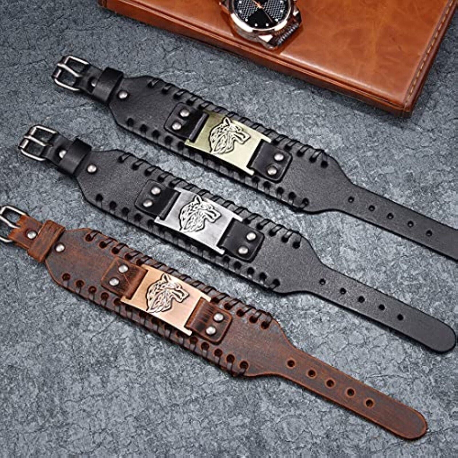🪓🪓 Herren Wikinger Armband Lederarmband Schwarz Männer Viking Breit Biker Wolf