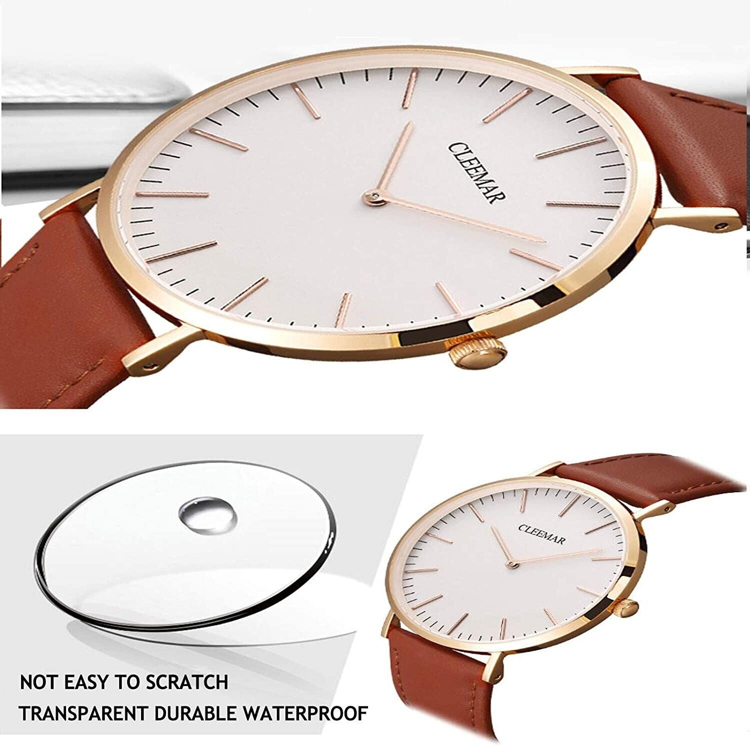 Women's Watch Leather Minimalist Fashion Quartz Sapphire Waterproof Elegant Gift 