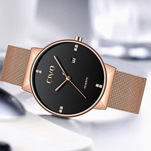 Men's Watch Stainless Steel Quartz Classic Business Wristwatch Waterproof Rose Gold 