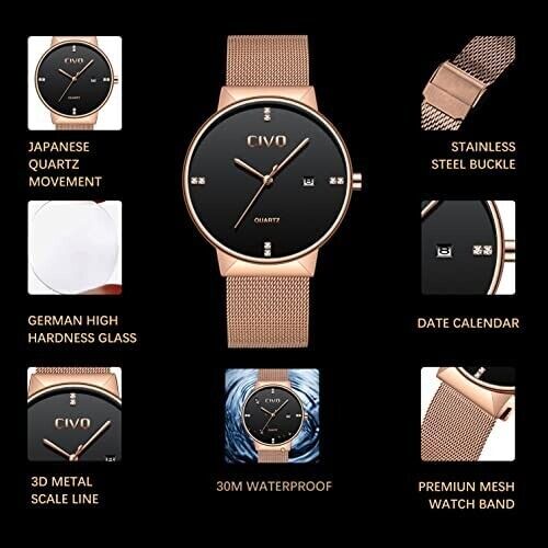 Men's Watch Stainless Steel Quartz Classic Business Wristwatch Waterproof Rose Gold 