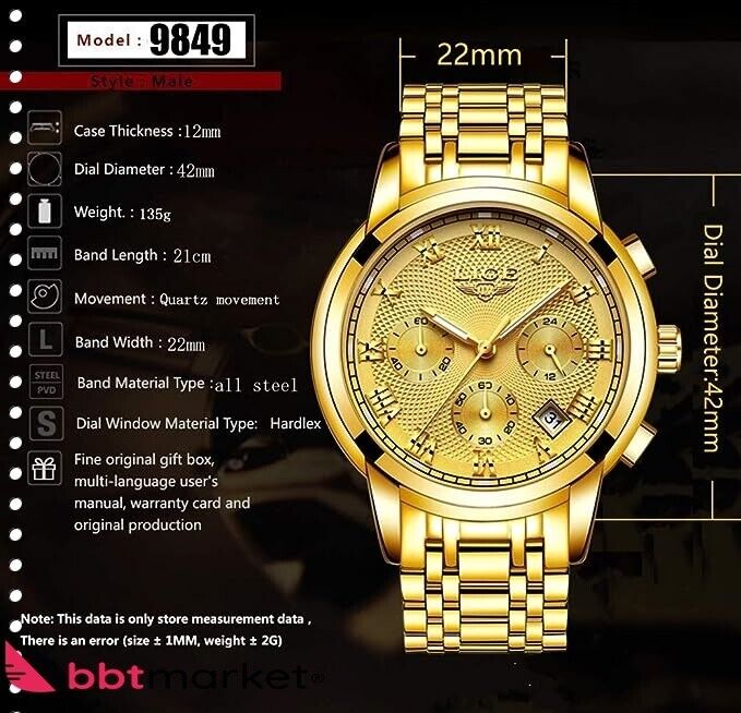 Men's Watches Sport Waterproof Stainless Steel Analog Quartz Chronograph Calendar