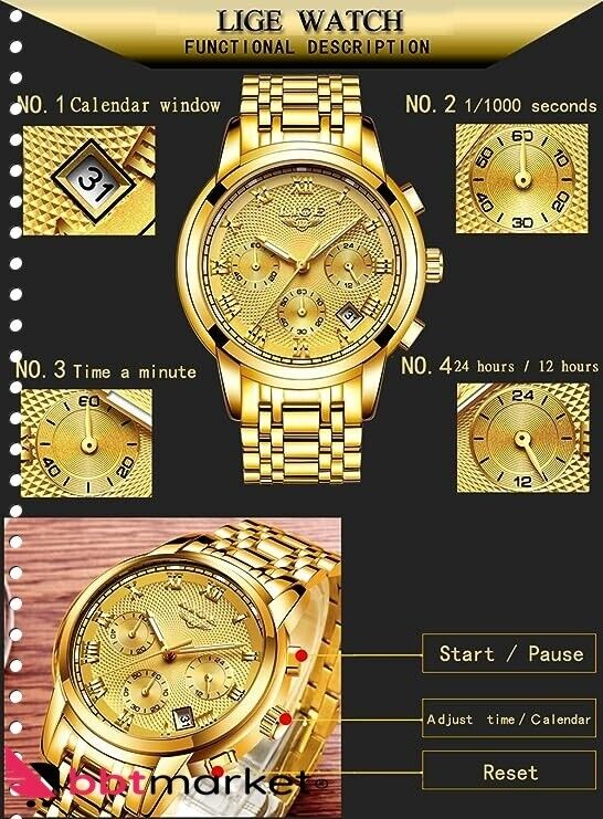 Men's Watches Sport Waterproof Stainless Steel Analog Quartz Chronograph Calendar