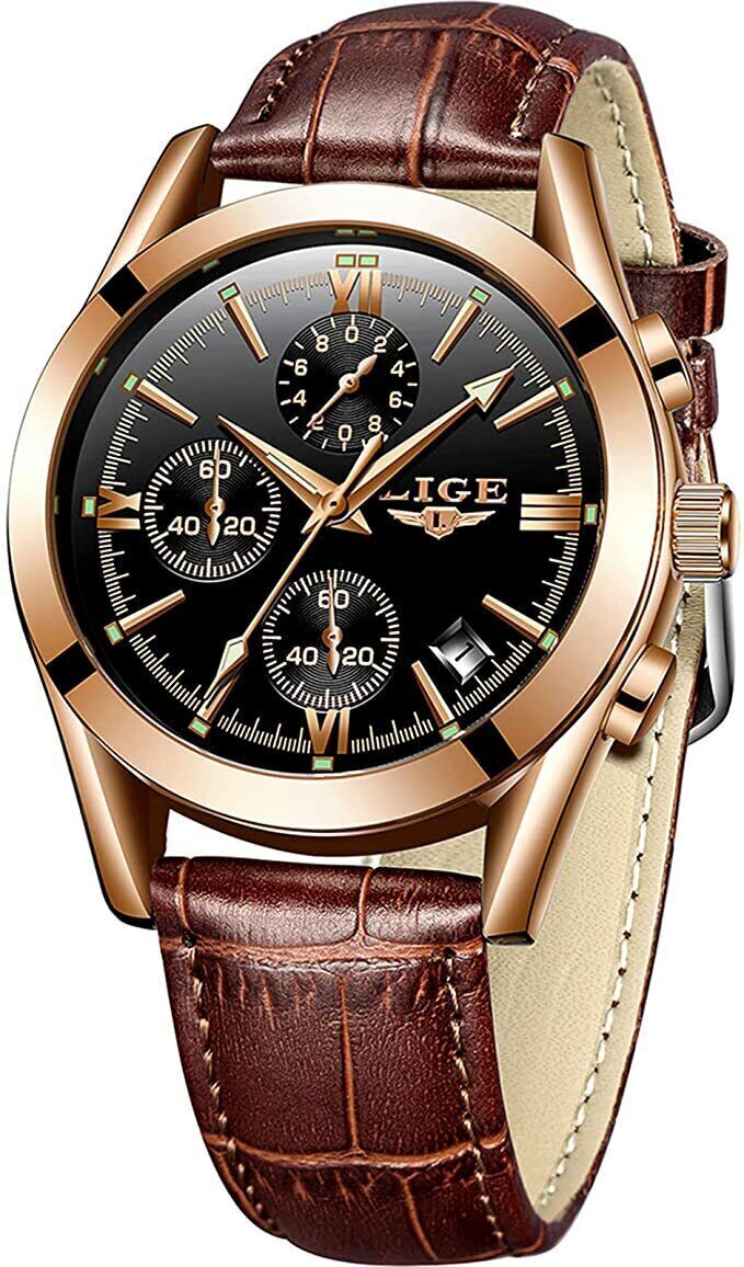 LIGE Men's Watches Leather Strap Analog Quartz Watch Waterproof Wristwatch Men 