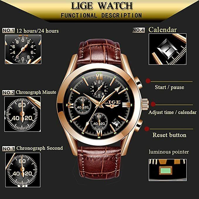 LIGE Men's Watches Leather Strap Analog Quartz Watch Waterproof Wristwatch Men 