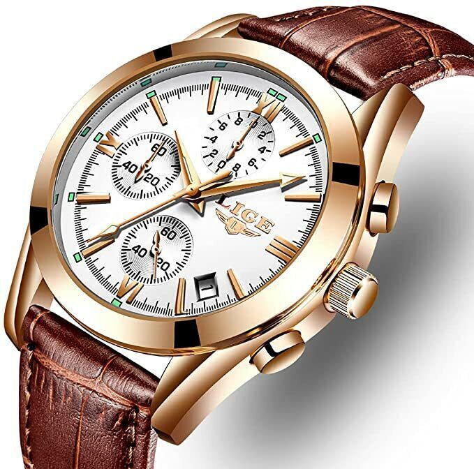 LIGE Men's Watches Leather Strap Analog Quartz Watch Waterproof Wristwatch Men 