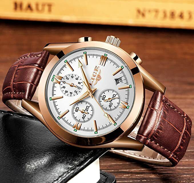 LIGE Men's Watches Leather Strap Analog Quartz Watch Waterproof Wristwatch Men 