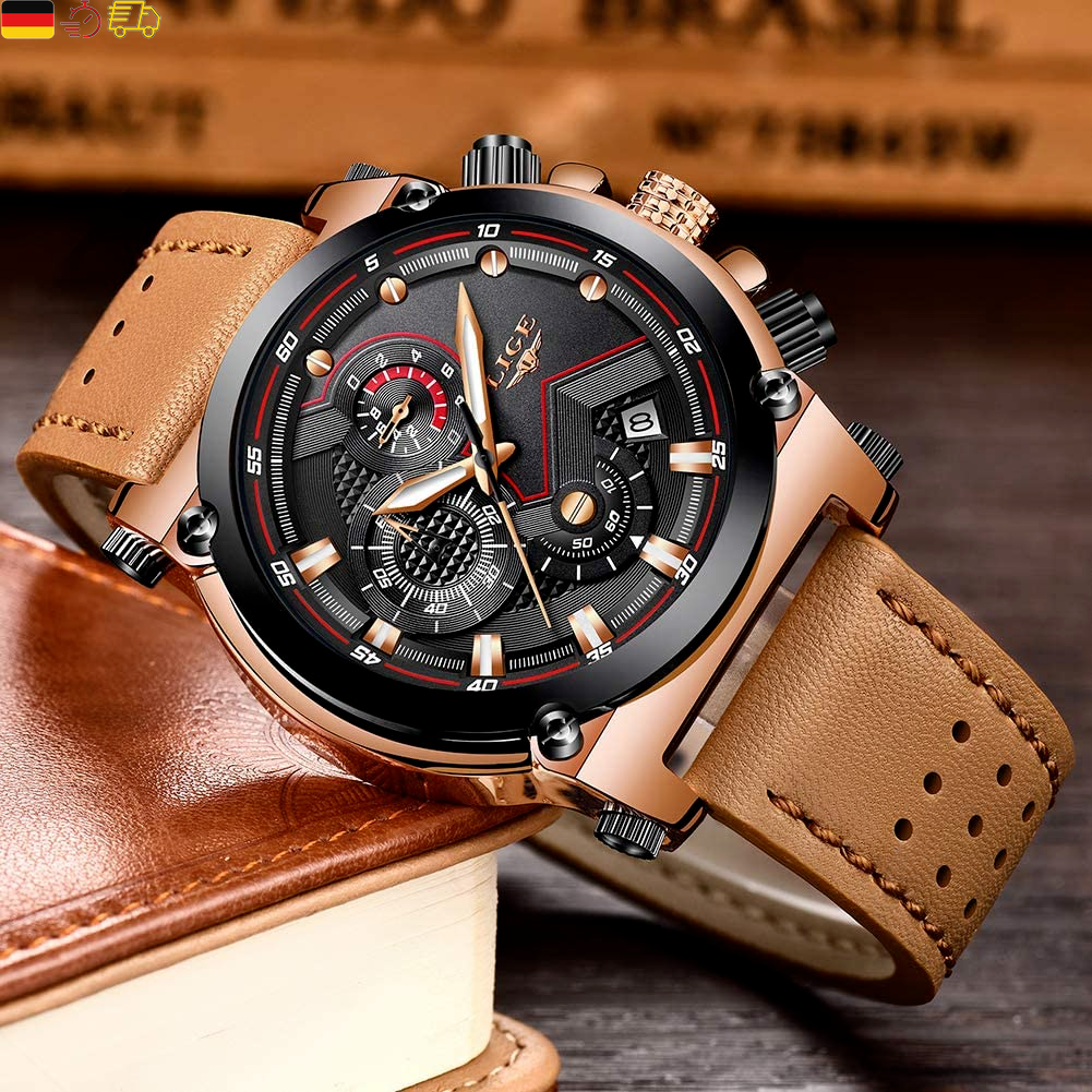 LIGE Men's Watches Fashion Golden Watches Men Business Classic Black Leather Auto 