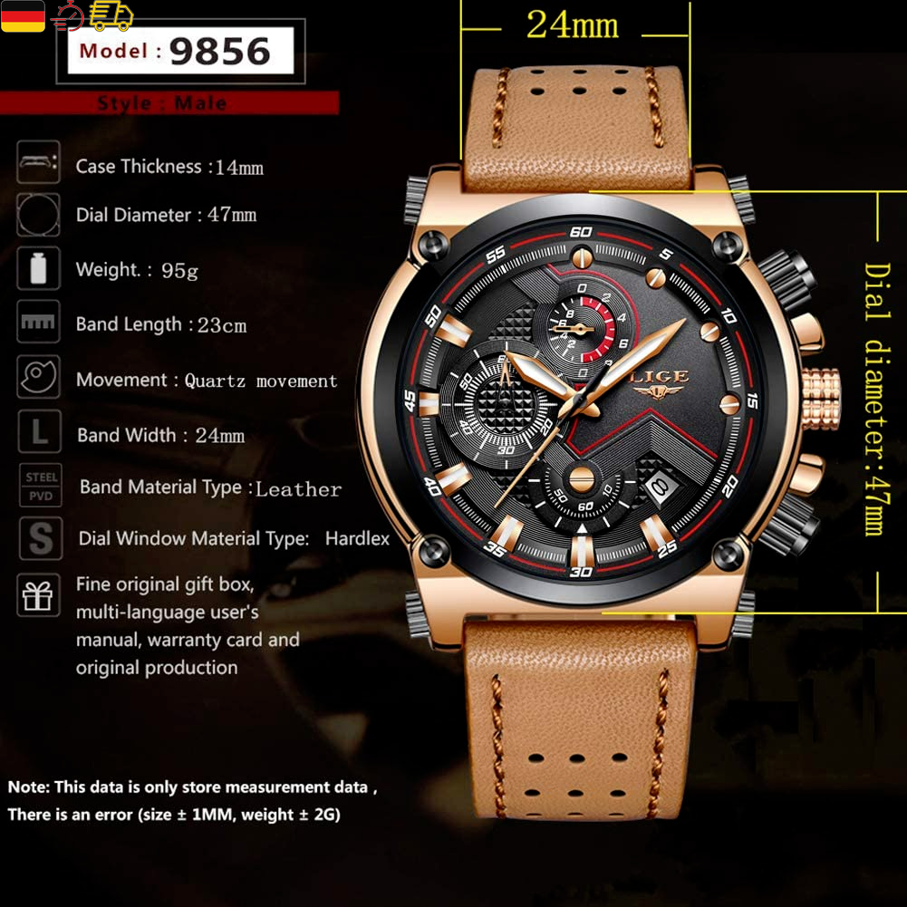 LIGE Men's Watches Fashion Golden Watches Men Business Classic Black Leather Auto 