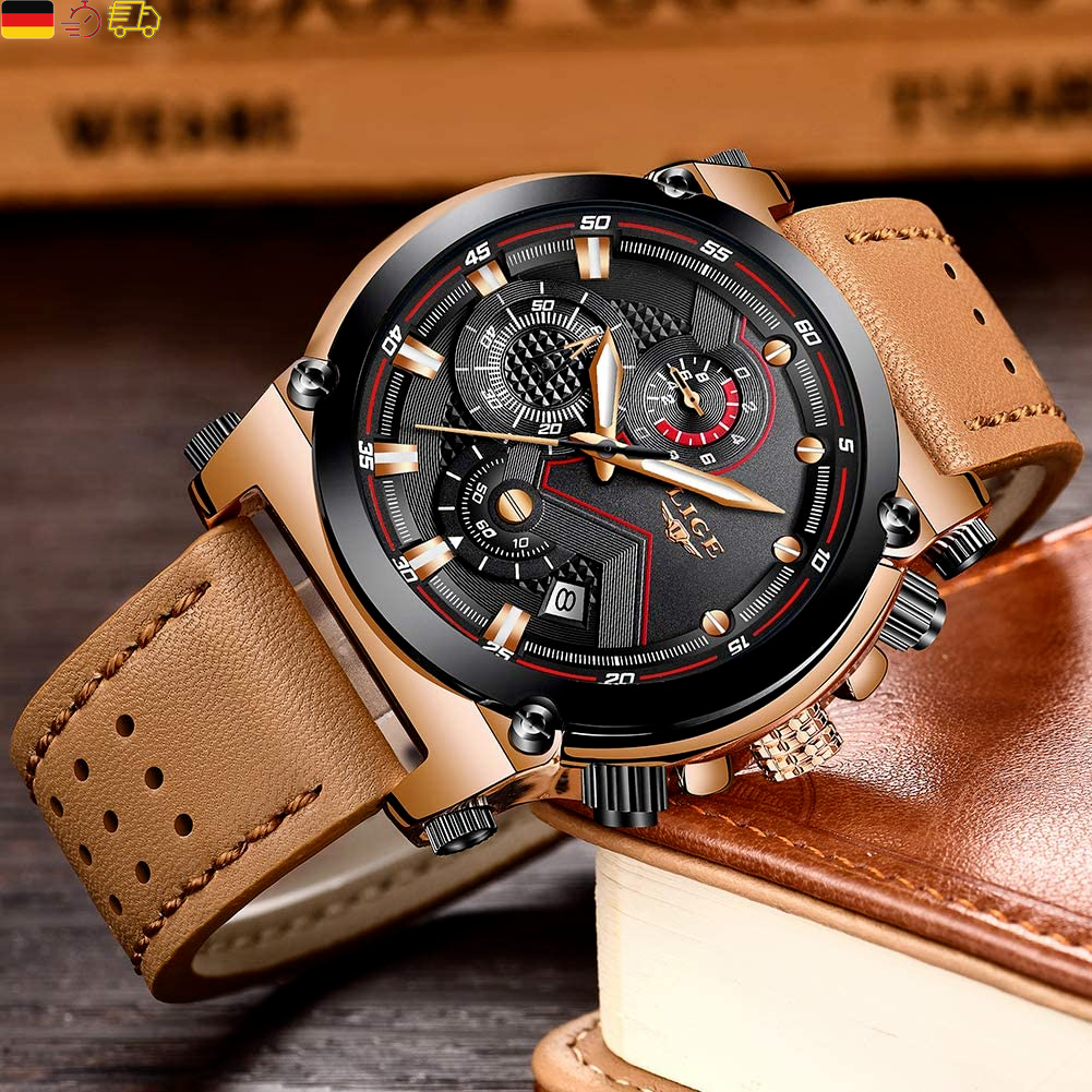 LIGE Men's Watches Fashion Golden Watches Men Business Classic Black Leather Auto 