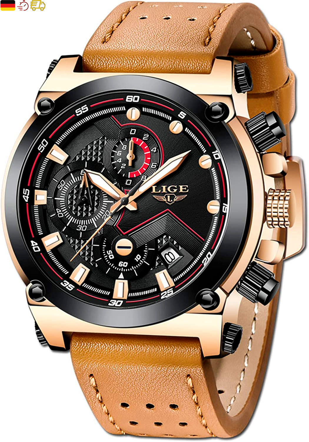 LIGE Men's Watches Fashion Golden Watches Men Business Classic Black Leather Auto 