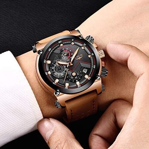 LIGE Men's Watch Stainless Steel Leather Strap Fashion Classic Automatic Date 