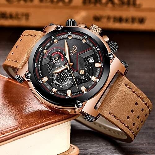 LIGE Men's Watch Stainless Steel Leather Strap Fashion Classic Automatic Date 