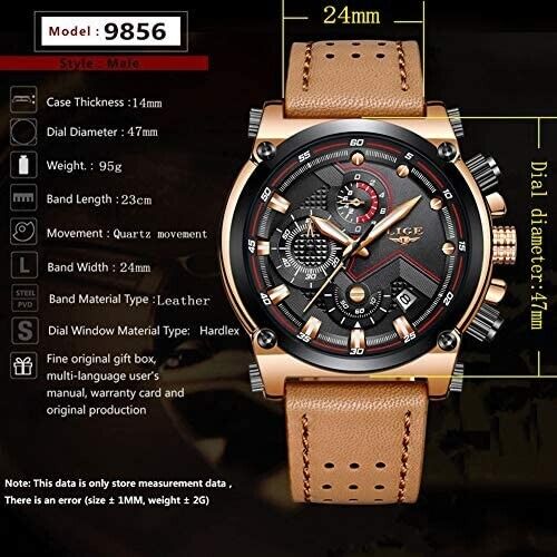 LIGE Men's Watch Stainless Steel Leather Strap Fashion Classic Automatic Date 