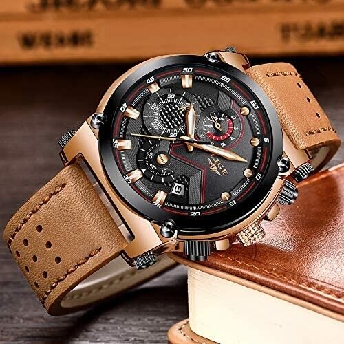 LIGE Men's Watch Stainless Steel Leather Strap Fashion Classic Automatic Date 