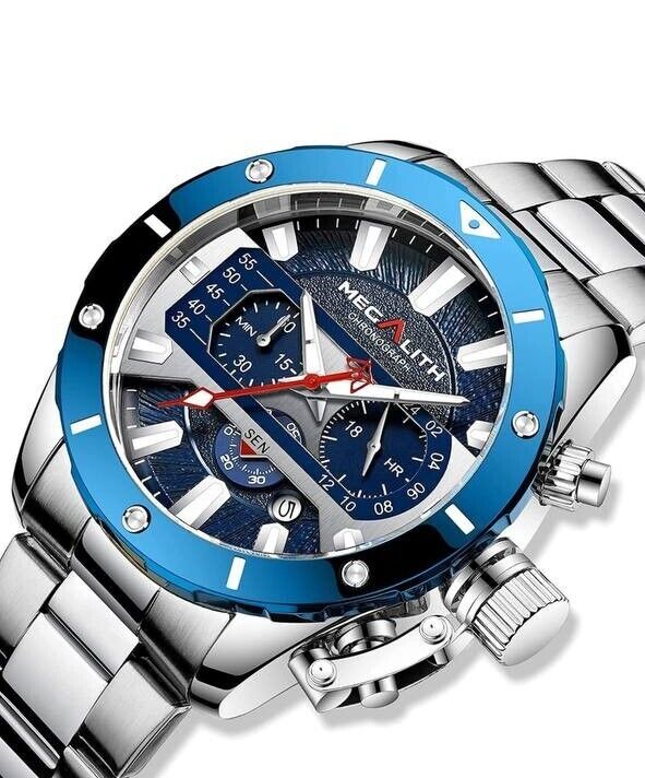 MEGALITH men's watch with stainless steel bracelet 46 mm date display magnifying glass 