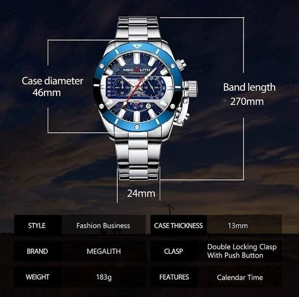 MEGALITH men's watch with stainless steel bracelet 46 mm date display magnifying glass 