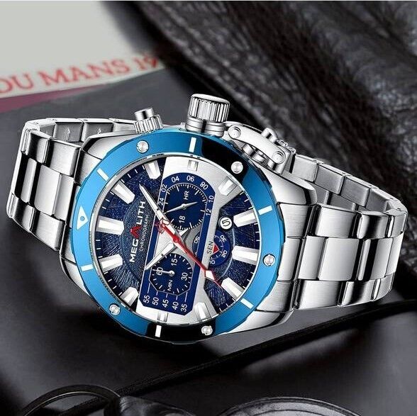 MEGALITH men's watch with stainless steel bracelet 46 mm date display magnifying glass 