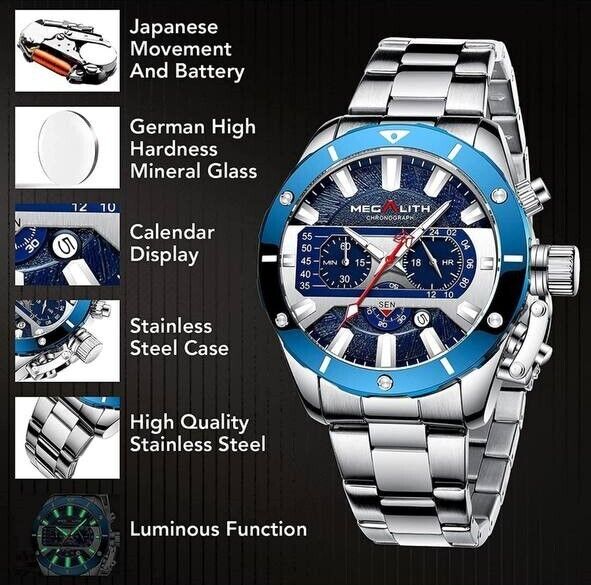 MEGALITH men's watch with stainless steel bracelet 46 mm date display magnifying glass 