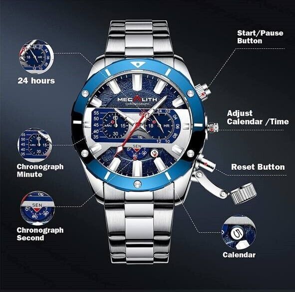 MEGALITH men's watch with stainless steel bracelet 46 mm date display magnifying glass 