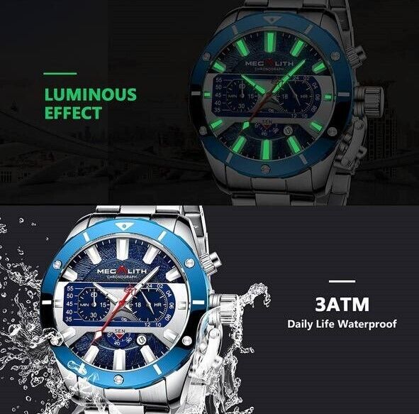 MEGALITH men's watch with stainless steel bracelet 46 mm date display magnifying glass 