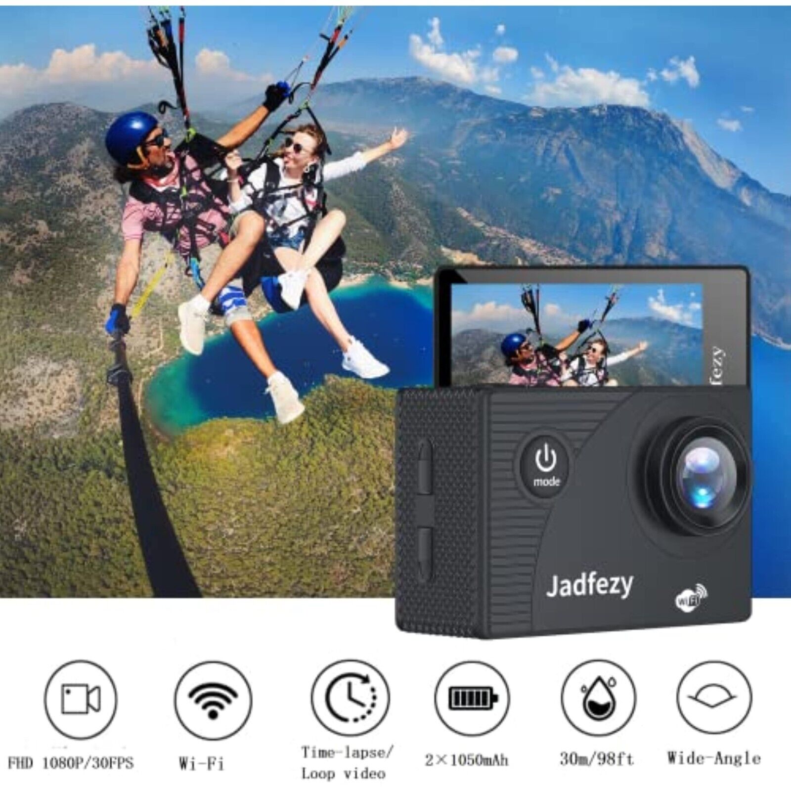 Jadfezy WiFi-1080P-Action-Cam, WLAN HD 30 fps Zwei 900 mAh  wiederaufladbare