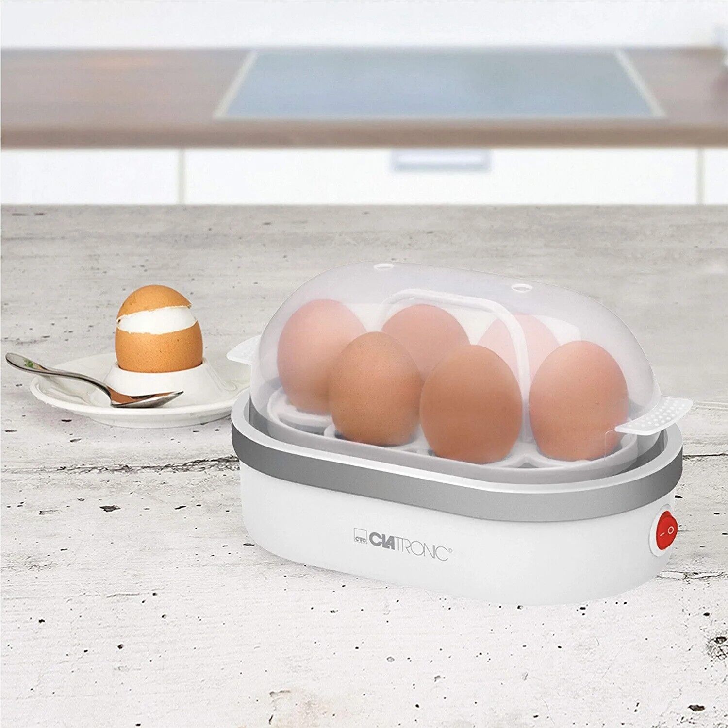 Eierkocher 1 - 6 Eier rund Silber 400 Watt akkustisches Signal Zubereitung weiß