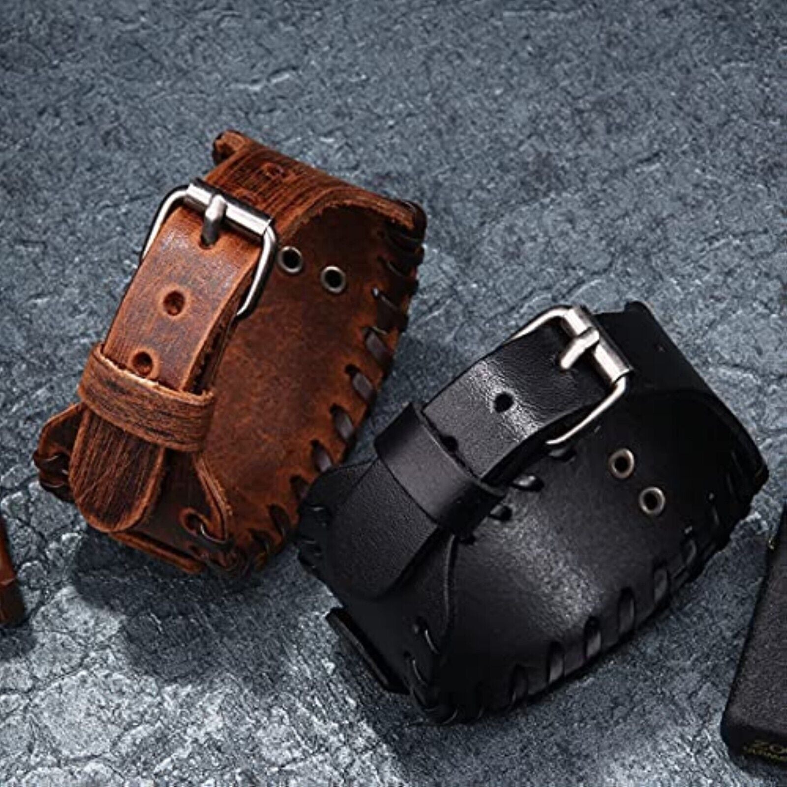 🪓🪓 Herren Wikinger Armband Lederarmband Schwarz Männer Viking Breit Biker Wolf