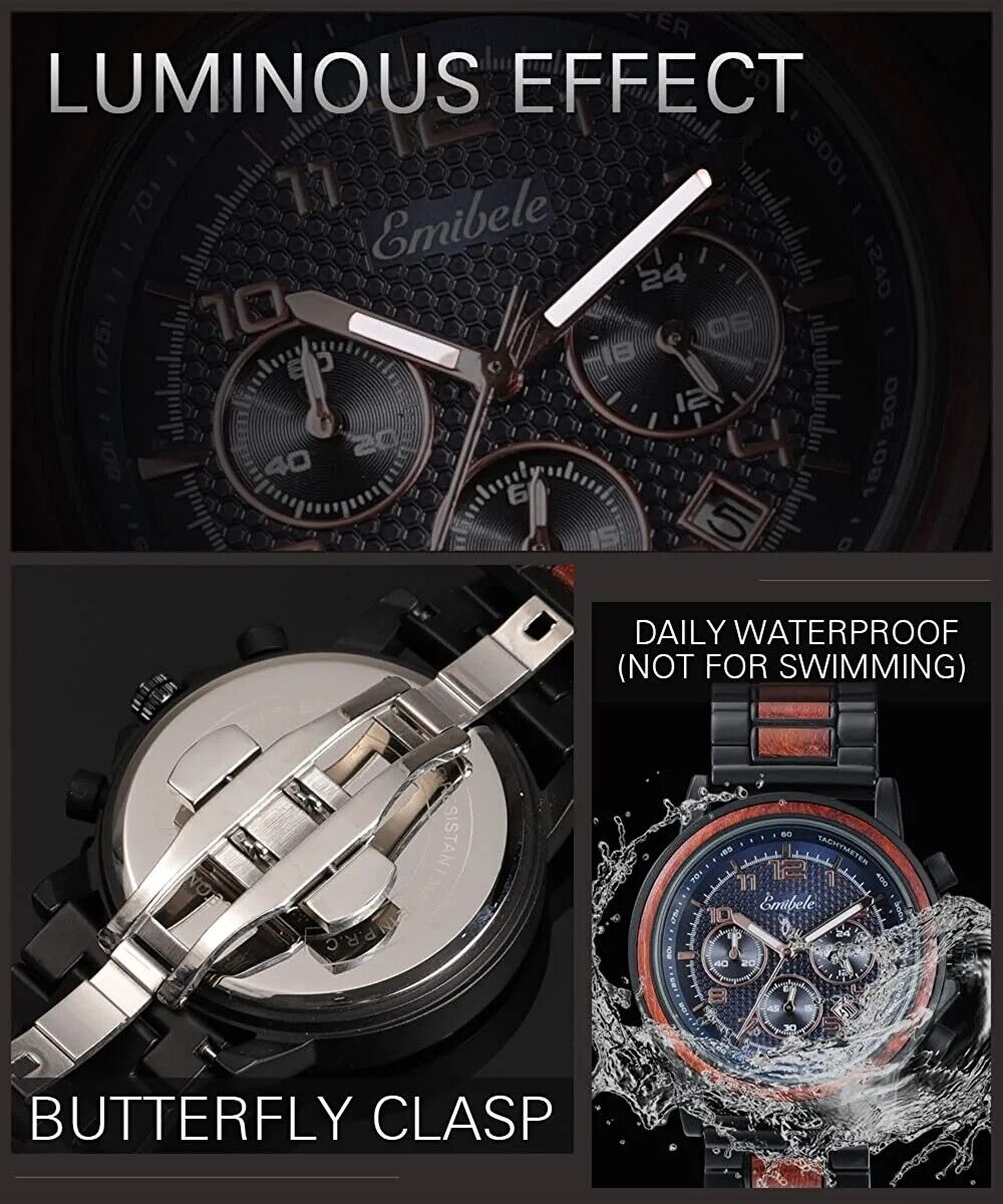 Emibele Herren-Armbanduhr, aus Holz,Chronograph,Holzuhr Datumsanzeige Leicht Uhr