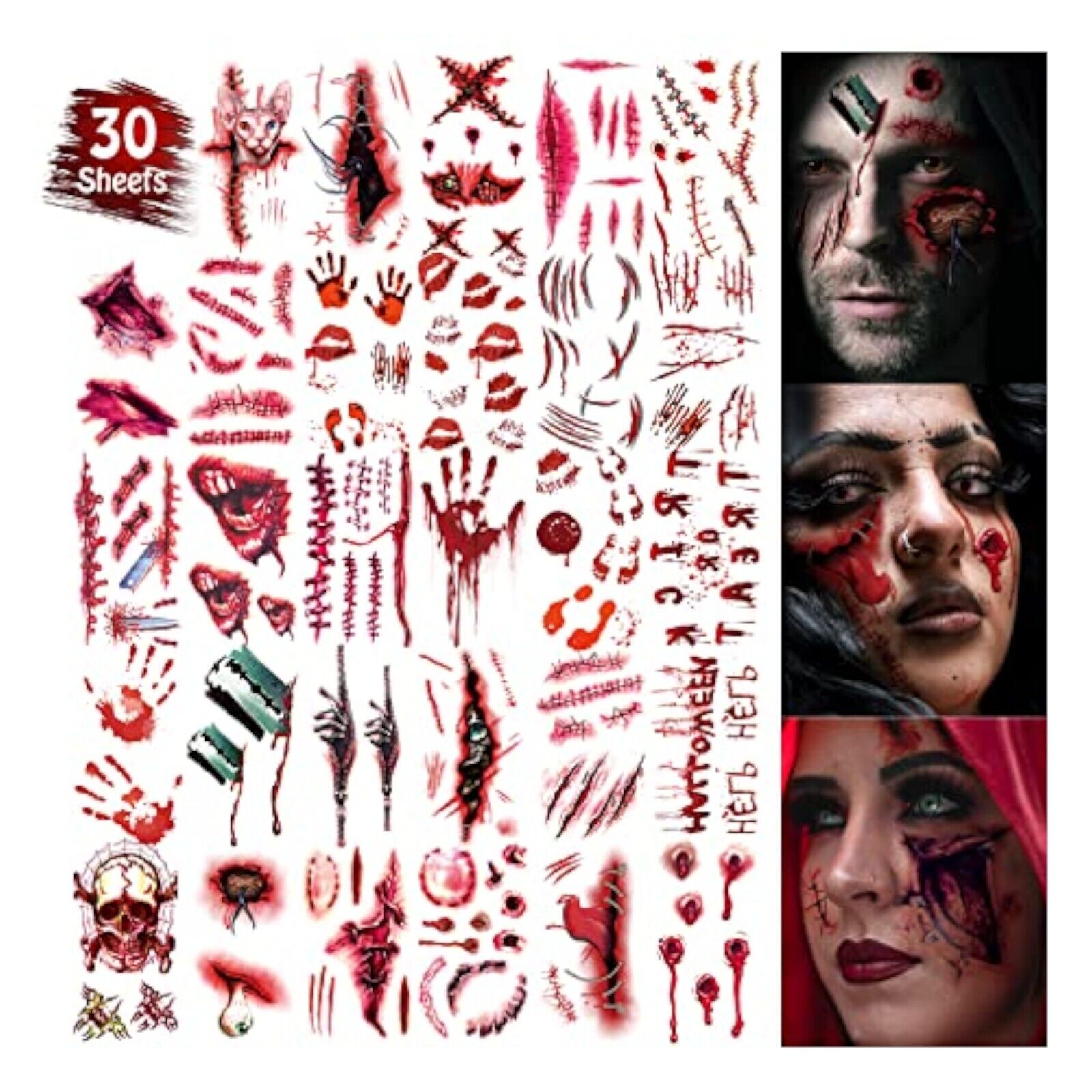 Halloween Schminke, 30 Blätter Halloween Tattoo Gesicht Kunstblutnarben Tattoo