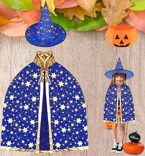 Kinder Halloween Kostüm Hexe Zauberer Umhang mit Hut Kürbis Candy Bag - NEU