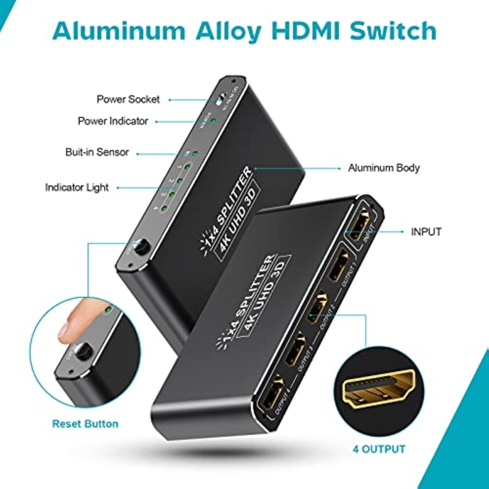 HDMI Splitter 4x1 Switch 4K,1080P,3D,UHD,HDMI Adapter 4IN1 Out Umschalter