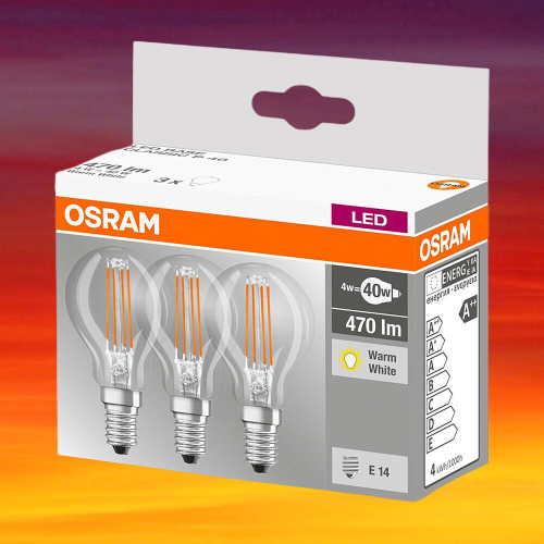 3x Osram LED Filament Lampen Tropfen 4W = 40W E14 klar 470lm warmweiß 2700K-NEU