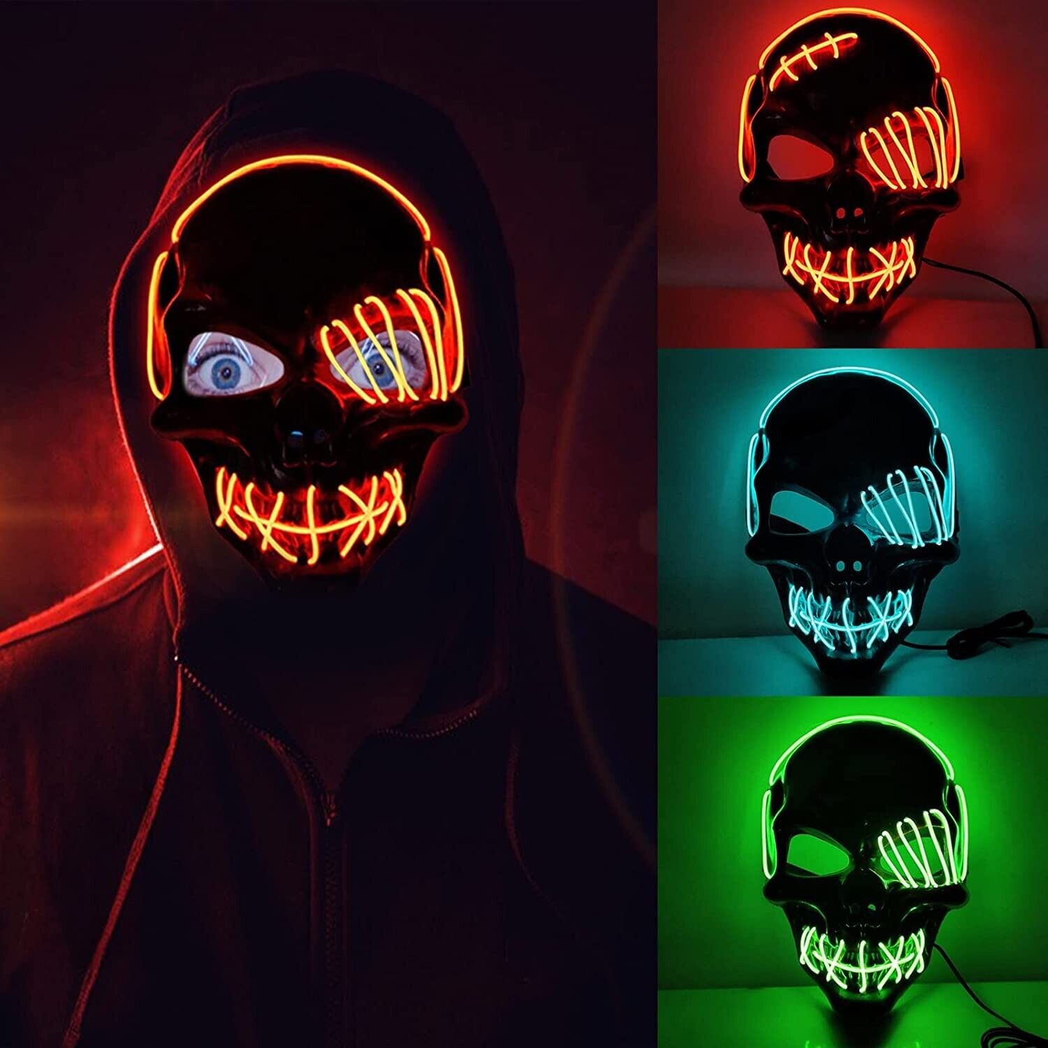 LED Grusel Maske wie aus the Purge - Halloween Horror Verkleidung Gesichtsmaske