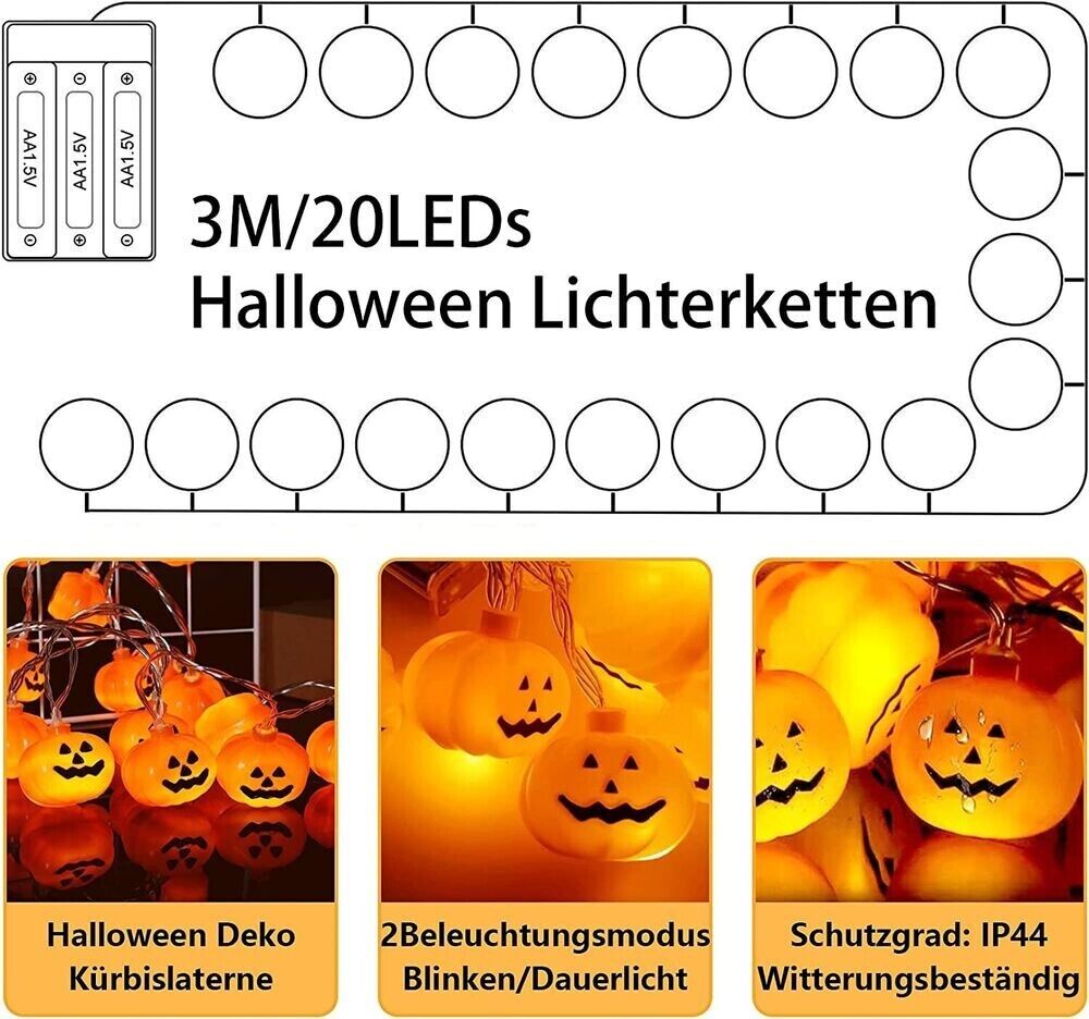 3M 20LED Halloween Lichterkette Geist Kürbis Beleuchtung Außen Garten Party Deko