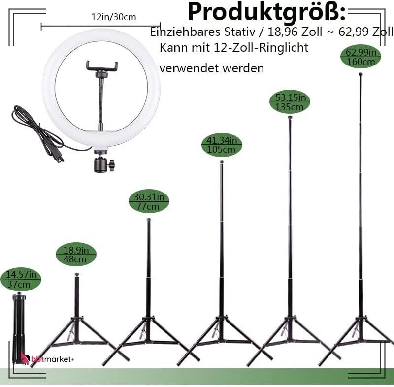 12 Zoll Ringlicht mit Stativ Handy, Dimmbare Ringlicht mit Fernbedienung+160cm