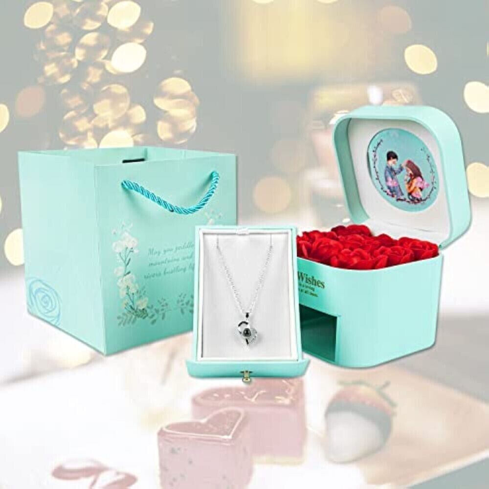 Valentinstag Jahrestag Ewige Echte Rot Rose Rosenbox  Geschenkbox+Halskette