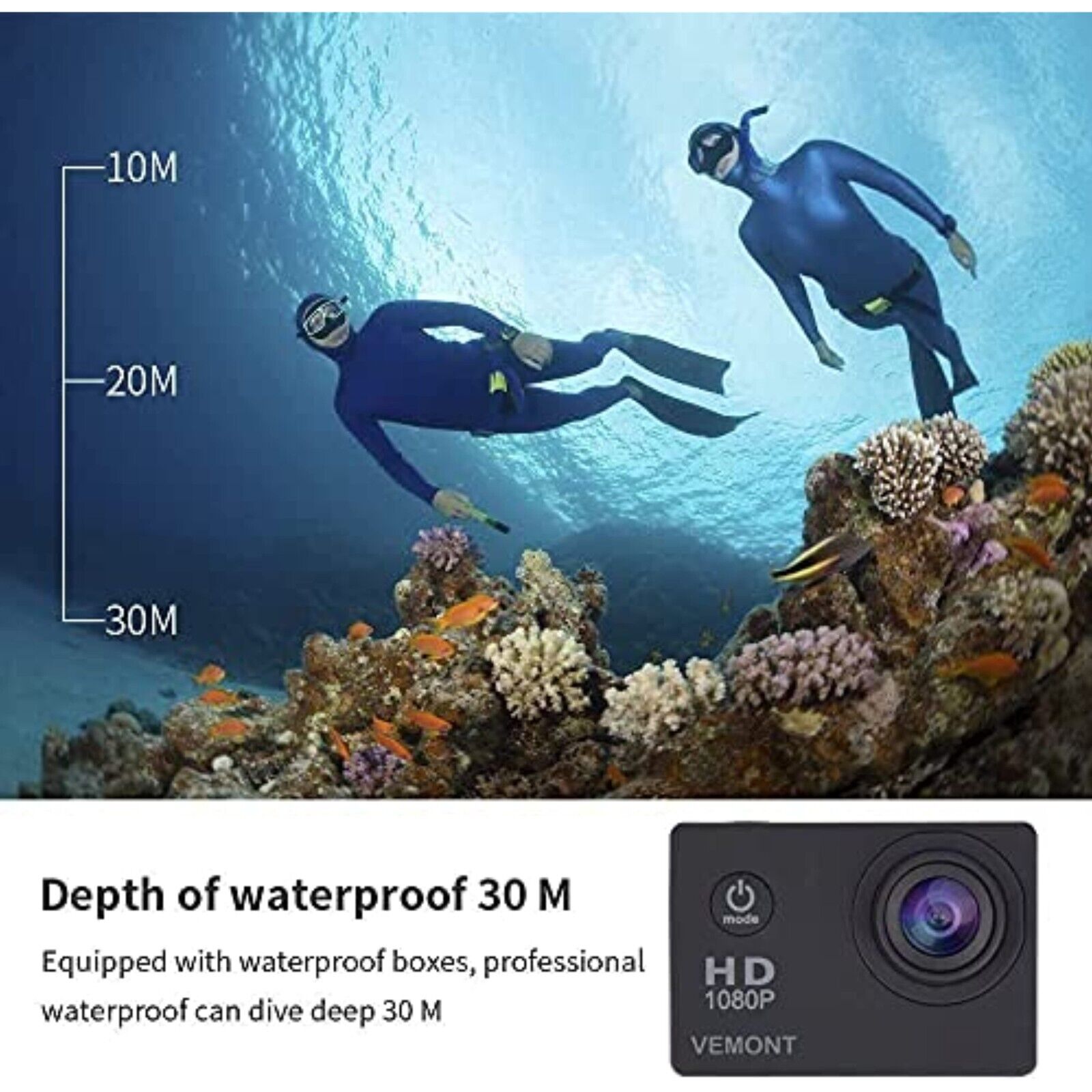 Action Cam,4K 30fps Ultra HD, 30m 98Fuß wasserdichte Unterwasserkamer Fahrrad