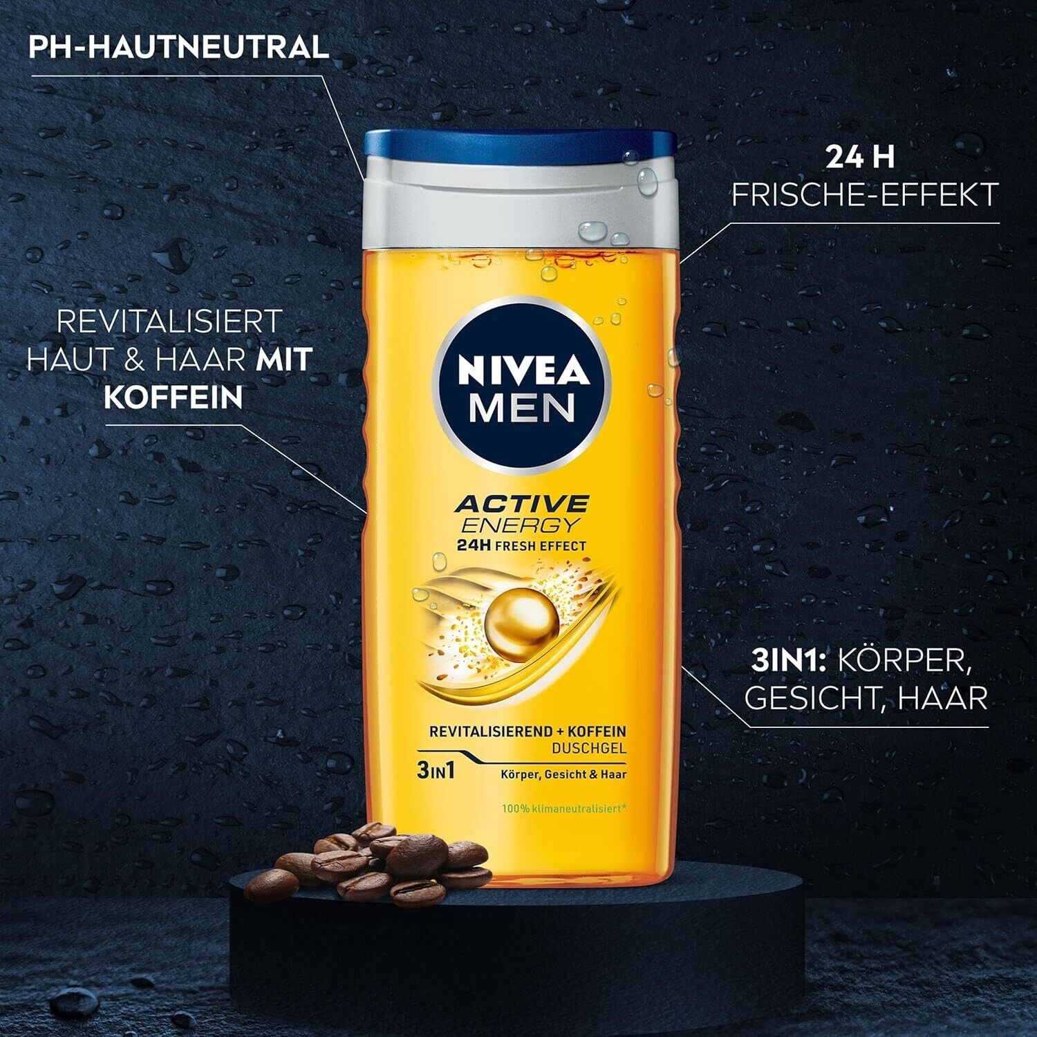 NIVEA MEN Active Energy Duschgel, 24h Frische-Effekt, Duschgel mit Koffein 250ml