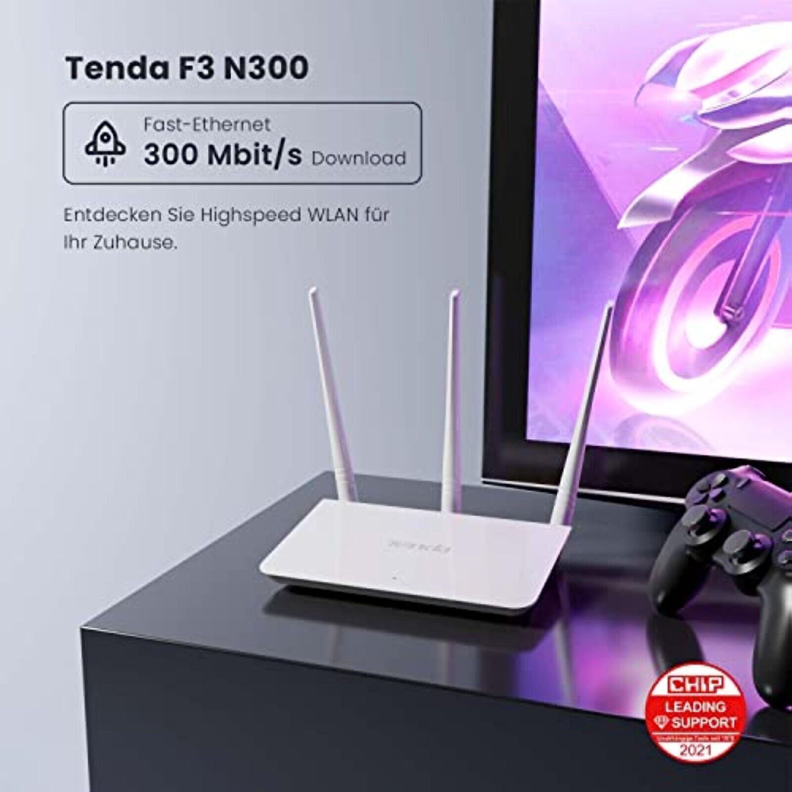 Tenda F3 WLAN Router 2,4GHz 300Mbps 3* LAN Ports 3*5dBi Antennen WPS-Taste Weiß✅